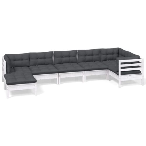 7-Piece Garden Lounge Set with Cushions White Pine Wood Outdoor Patio Furniture