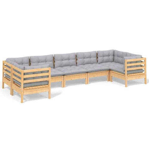 7-Piece Garden Lounge Set with Grey Cushions Pine Wood Outdoor Patio Furniture