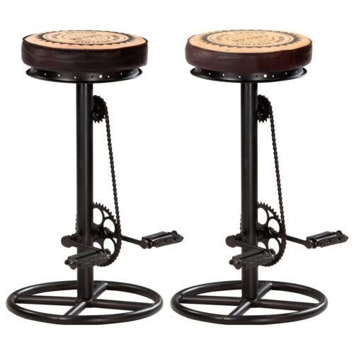 Bar Stools with Canvas Print 2pcs Black Brown Real Leather - Image 12