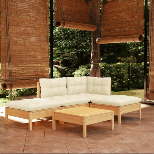 5-Piece Garden Lounge Set with Cream Cushions Pine Wood Outdoor Patio Furniture - Image 9