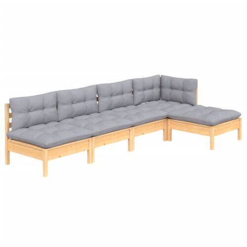 5-Piece Garden Lounge Set with Grey Cushions Pine Wood Outdoor Patio Furniture - Image 8