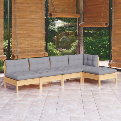 5-Piece Garden Lounge Set with Grey Cushions Pine Wood Outdoor Patio Furniture - Image 9