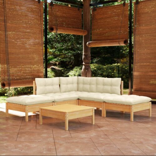 6-Piece Garden Lounge Set with Cream Cushions Pine Wood Outdoor Patio Furniture - Image 9