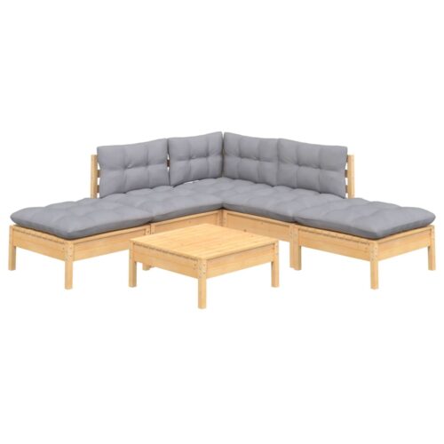 6-Piece Garden Lounge Set with Grey Cushions Pine Wood Outdoor Patio Furniture - Image 8