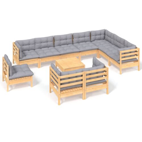 11-Piece Garden Lounge Set with Grey Cushions Pine Wood Outdoor Patio Furniture