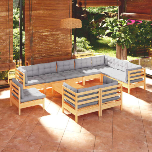 11-Piece Garden Lounge Set with Grey Cushions Pine Wood Outdoor Patio Furniture - Image 8