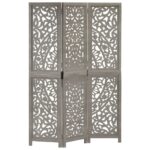 Hand carved 3-Panel Room Divider Grey 120x165cm Solid Mango Wood