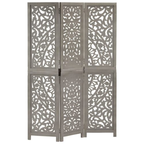 Hand carved 3-Panel Room Divider Grey 120x165cm Solid Mango Wood