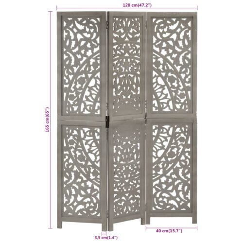 Hand carved 3-Panel Room Divider Grey 120x165cm Solid Mango Wood - Image 7