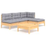 5-Piece Garden Lounge Set with Grey Cushions Pine Wood Outdoor Patio Furniture
