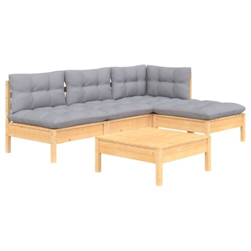 5-Piece Garden Lounge Set with Grey Cushions Pine Wood Outdoor Patio Furniture - Image 8