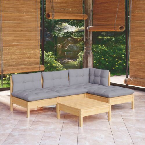 5-Piece Garden Lounge Set with Grey Cushions Pine Wood Outdoor Patio Furniture - Image 9