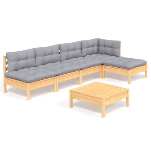 6-Piece Garden Lounge Set with Grey Cushions Pine Wood Outdoor Patio Furniture