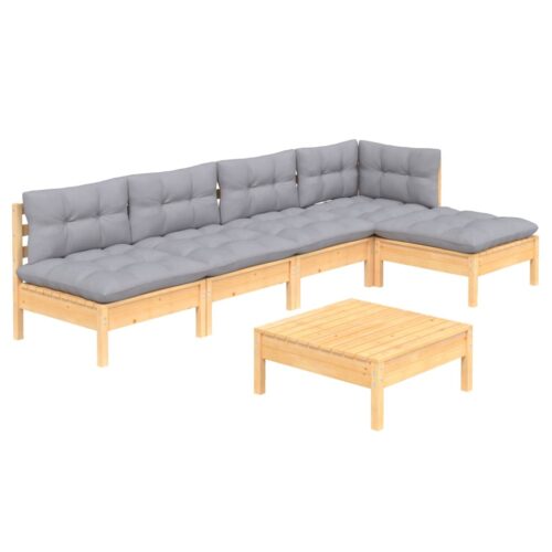 6-Piece Garden Lounge Set with Grey Cushions Pine Wood Outdoor Patio Furniture - Image 8