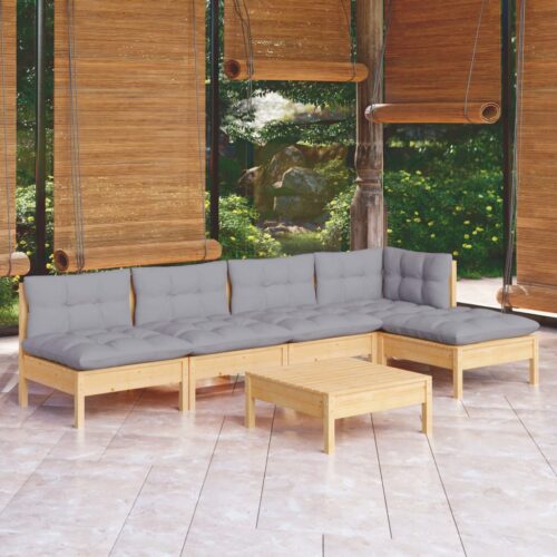 6-Piece Garden Lounge Set with Grey Cushions Pine Wood Outdoor Patio Furniture - Image 9