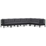 7-Piece Garden Lounge Set with Cushions Black Pine Wood Outdoor Patio Furniture