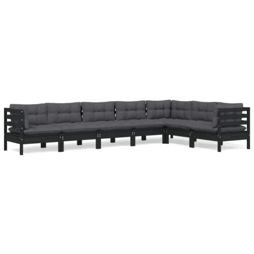 7-Piece Garden Lounge Set with Cushions Black Pine Wood Outdoor Patio Furniture