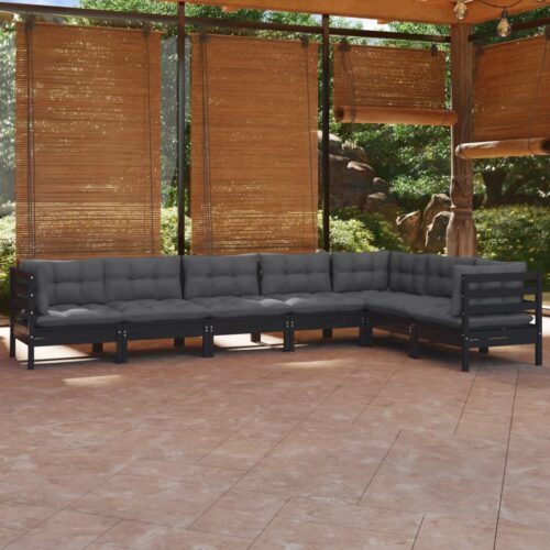 7-Piece Garden Lounge Set with Cushions Black Pine Wood Outdoor Patio Furniture - Image 6