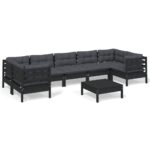 8-Piece Garden Lounge Set with Cushions Black Pine Wood Outdoor Patio Furniture