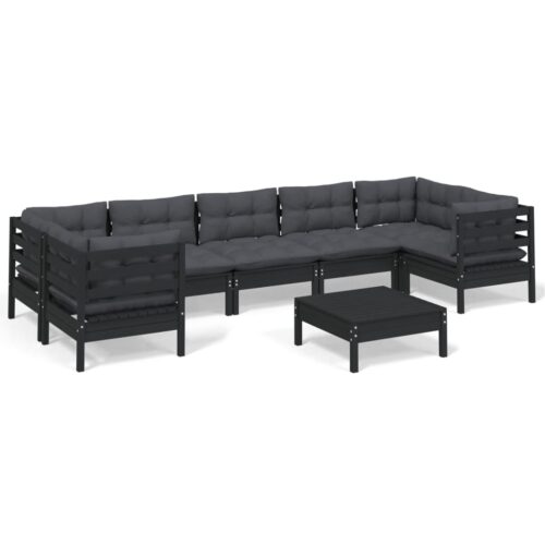 8-Piece Garden Lounge Set with Cushions Black Pine Wood Outdoor Patio Furniture