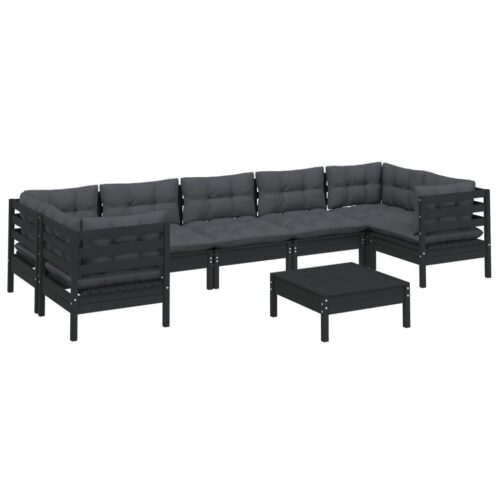 8-Piece Garden Lounge Set with Cushions Black Pine Wood Outdoor Patio Furniture - Image 3