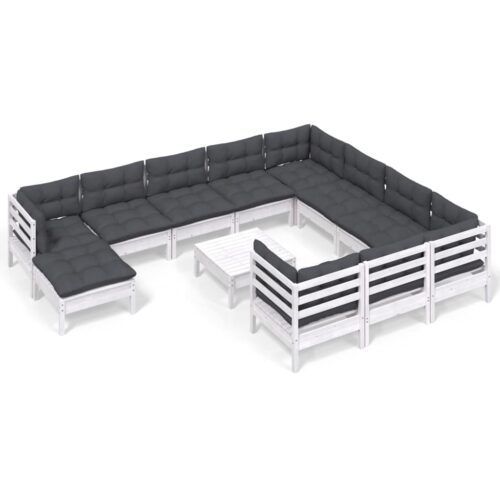 12-Piece Garden Lounge Set with Cushions White Pine Wood Outdoor Patio Furniture