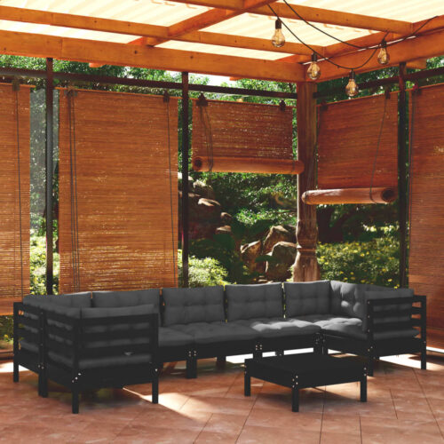 8-Piece Garden Lounge Set with Cushions Black Pine Wood Outdoor Patio Furniture - Image 10