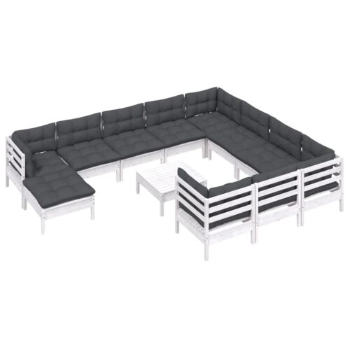 12-Piece Garden Lounge Set with Cushions White Pine Wood Outdoor Patio Furniture - Image 3