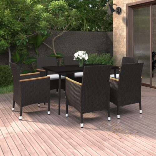 7-Piece Garden Dining Set with Cushions Poly Rattan Wicker Outdoor Patio Furniture Glass - Image 9