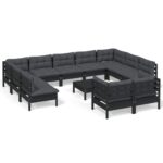 12-Piece Garden Lounge Set with Cushions Black Pine Wood Outdoor Patio Furniture