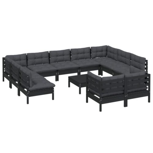 12-Piece Garden Lounge Set with Cushions Black Pine Wood Outdoor Patio Furniture - Image 3