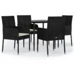 5-Piece Garden Dining Set with Cushions Black Poly Rattan Wicker Outdoor Patio Furniture