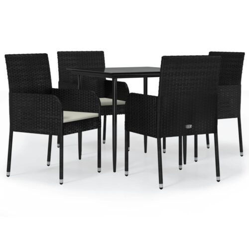 5-Piece Garden Dining Set with Cushions Black Poly Rattan Wicker Outdoor Patio Furniture
