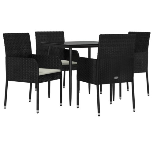 5-Piece Garden Dining Set with Cushions Black Poly Rattan Wicker Outdoor Patio Furniture - Image 3
