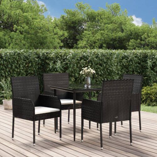 5-Piece Garden Dining Set with Cushions Black Poly Rattan Wicker Outdoor Patio Furniture - Image 11