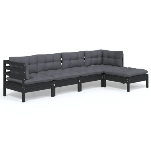 5-Piece Garden Lounge Set with Cushions Black Pine Wood Outdoor Patio Furniture