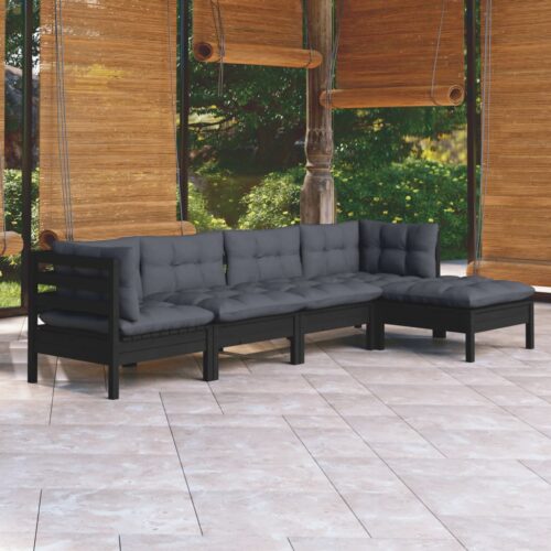 5-Piece Garden Lounge Set with Cushions Black Pine Wood Outdoor Patio Furniture - Image 9