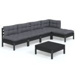 6-Piece Garden Lounge Set with Cushions Black Pine Wood Outdoor Patio Furniture