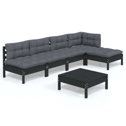 6-Piece Garden Lounge Set with Cushions Black Pine Wood Outdoor Patio Furniture