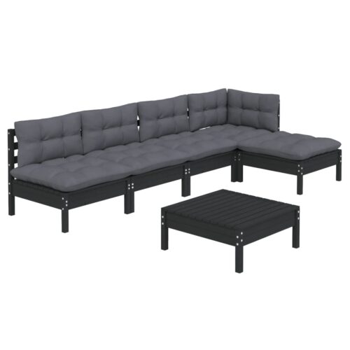 6-Piece Garden Lounge Set with Cushions Black Pine Wood Outdoor Patio Furniture - Image 8