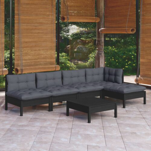 6-Piece Garden Lounge Set with Cushions Black Pine Wood Outdoor Patio Furniture - Image 9