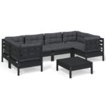 7-Piece Garden Lounge Set with Cushions Black Pine Wood Outdoor Patio Furniture