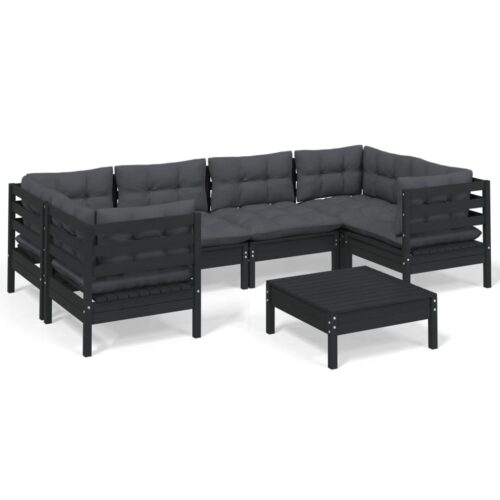 7-Piece Garden Lounge Set with Cushions Black Pine Wood Outdoor Patio Furniture