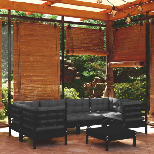 7-Piece Garden Lounge Set with Cushions Black Pine Wood Outdoor Patio Furniture - Image 8