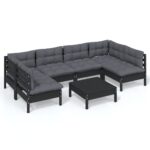 7-Piece Garden Lounge Set with Cushions Black Pine Wood Outdoor Patio Furniture