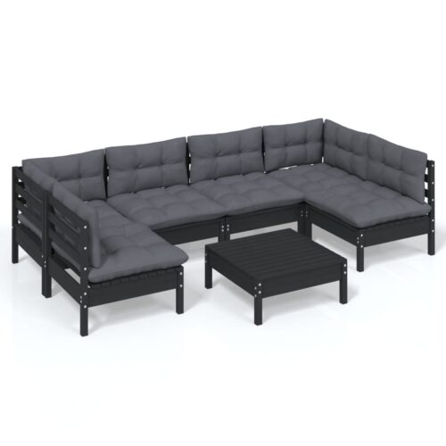 7-Piece Garden Lounge Set with Cushions Black Pine Wood Outdoor Patio Furniture