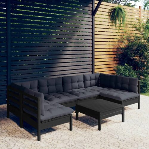 7-Piece Garden Lounge Set with Cushions Black Pine Wood Outdoor Patio Furniture - Image 8