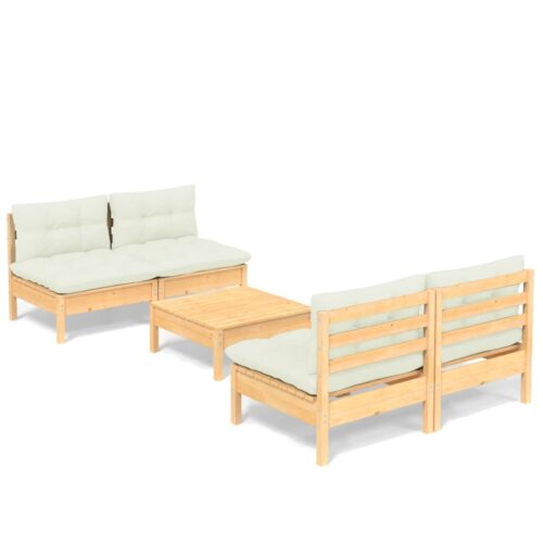 5-Piece Garden Lounge Set with Cream Cushions Pine Wood Outdoor Patio Furniture