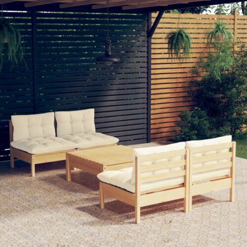5-Piece Garden Lounge Set with Cream Cushions Pine Wood Outdoor Patio Furniture - Image 9