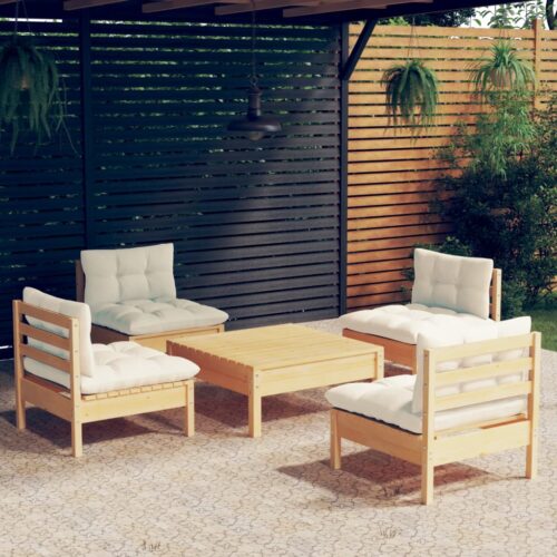 5-Piece Garden Lounge Set with Cream Cushions Pine Wood Outdoor Patio Furniture - Image 10